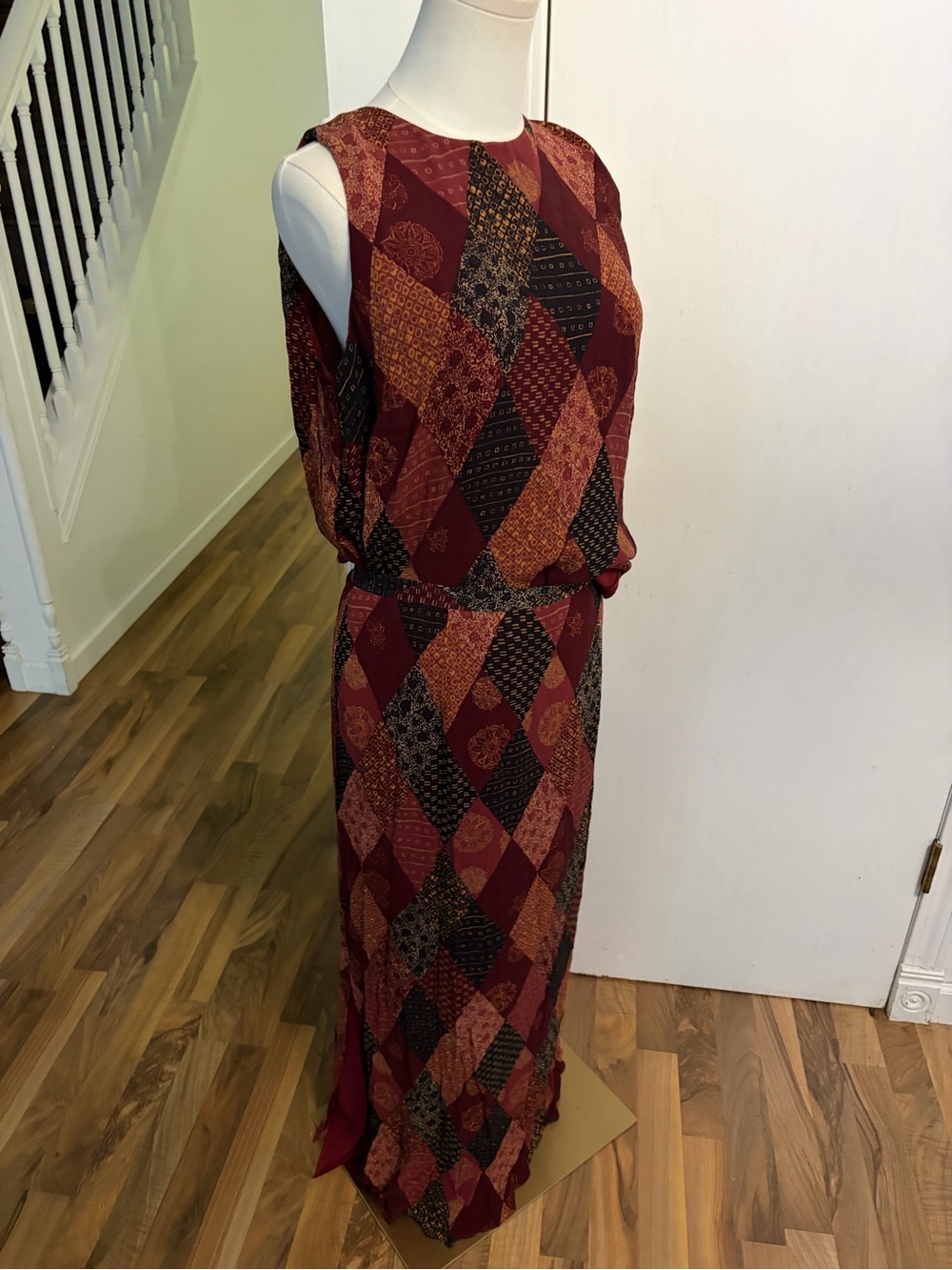 Vintage Silk Rena Rowan Burgundy Orange Black Patchwork 2 Piece Set, Large, EUC